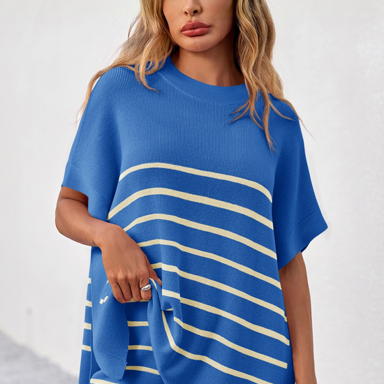 Fisoew Women's Blue Striped Oversized Lounge Short Sets - Fisoew