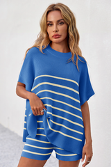 Fisoew Women's Blue Striped Oversized Lounge Short Sets
