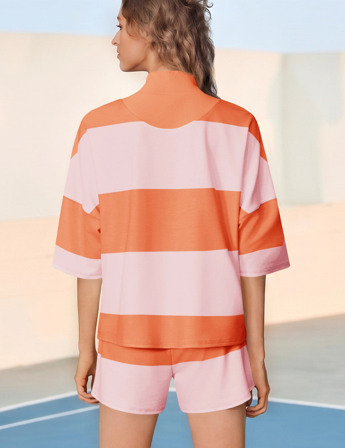 Womens Orange 2 Piece Outfits Striped Sets Fisoew - Fisoew