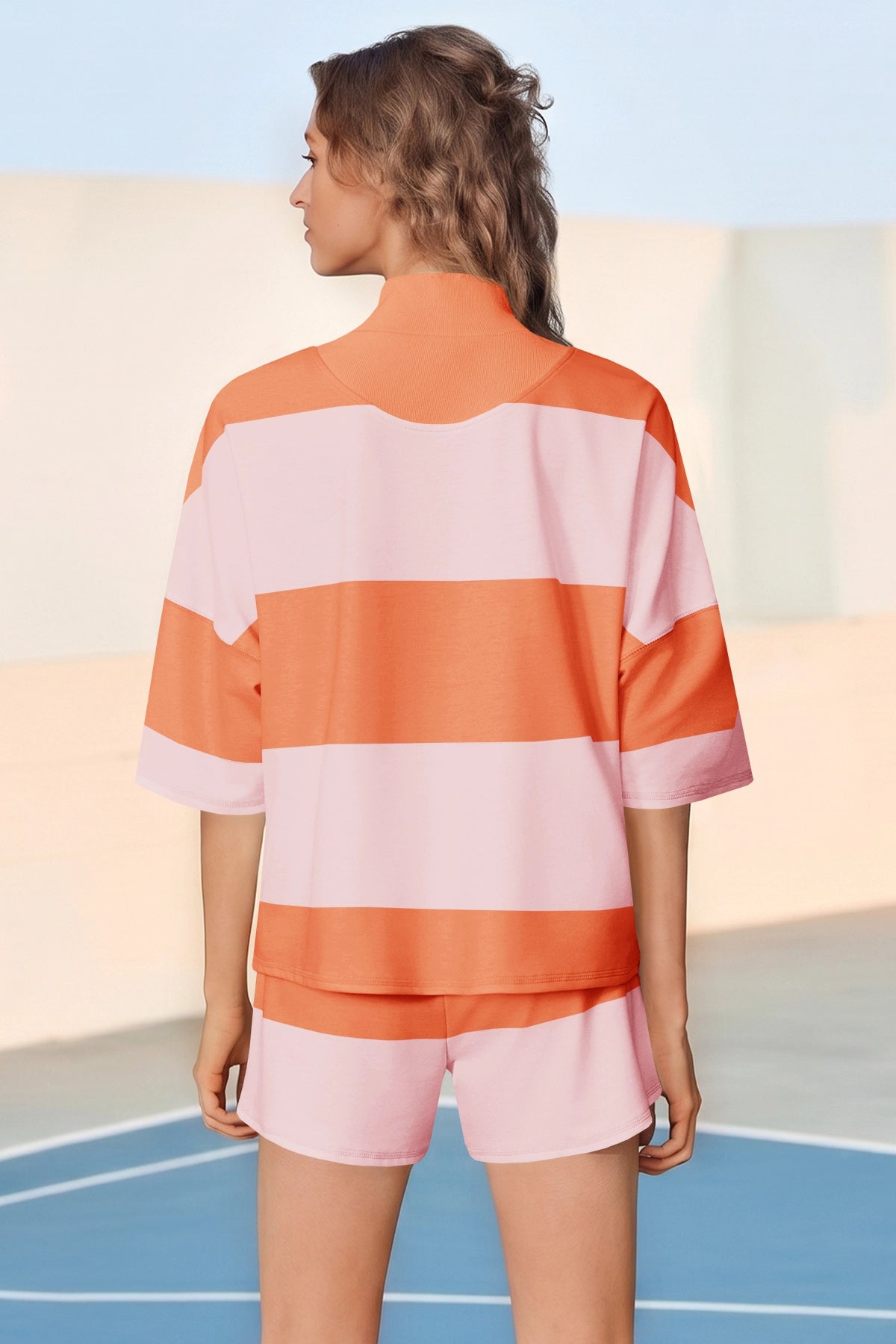 Womens Orange 2 Piece Outfits Striped Sets Fisoew - Fisoew