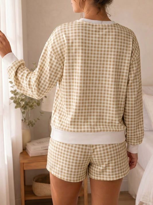 Plaid Sweatshirt With Drawstring Short Sets - Fisoew