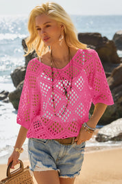 Womens Pink Summer Short Sleeve Crochet Swimsuit Fisoew