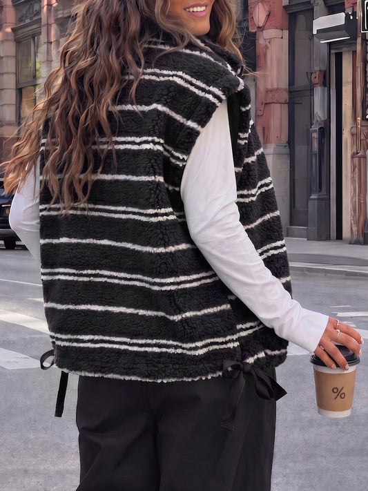 Fuzzy Fleece Striped Sleeveless Sherpa Vests