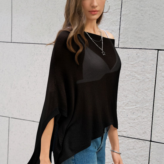 Fisoew Women's Black Sheer Lightweight Knit  Poncho Top - Fisoew