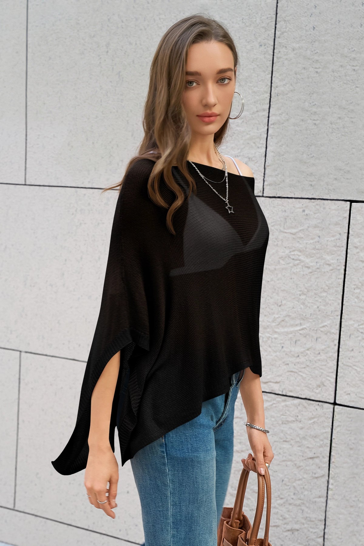 Fisoew Women's Black Sheer Lightweight Knit  Poncho Top - Fisoew