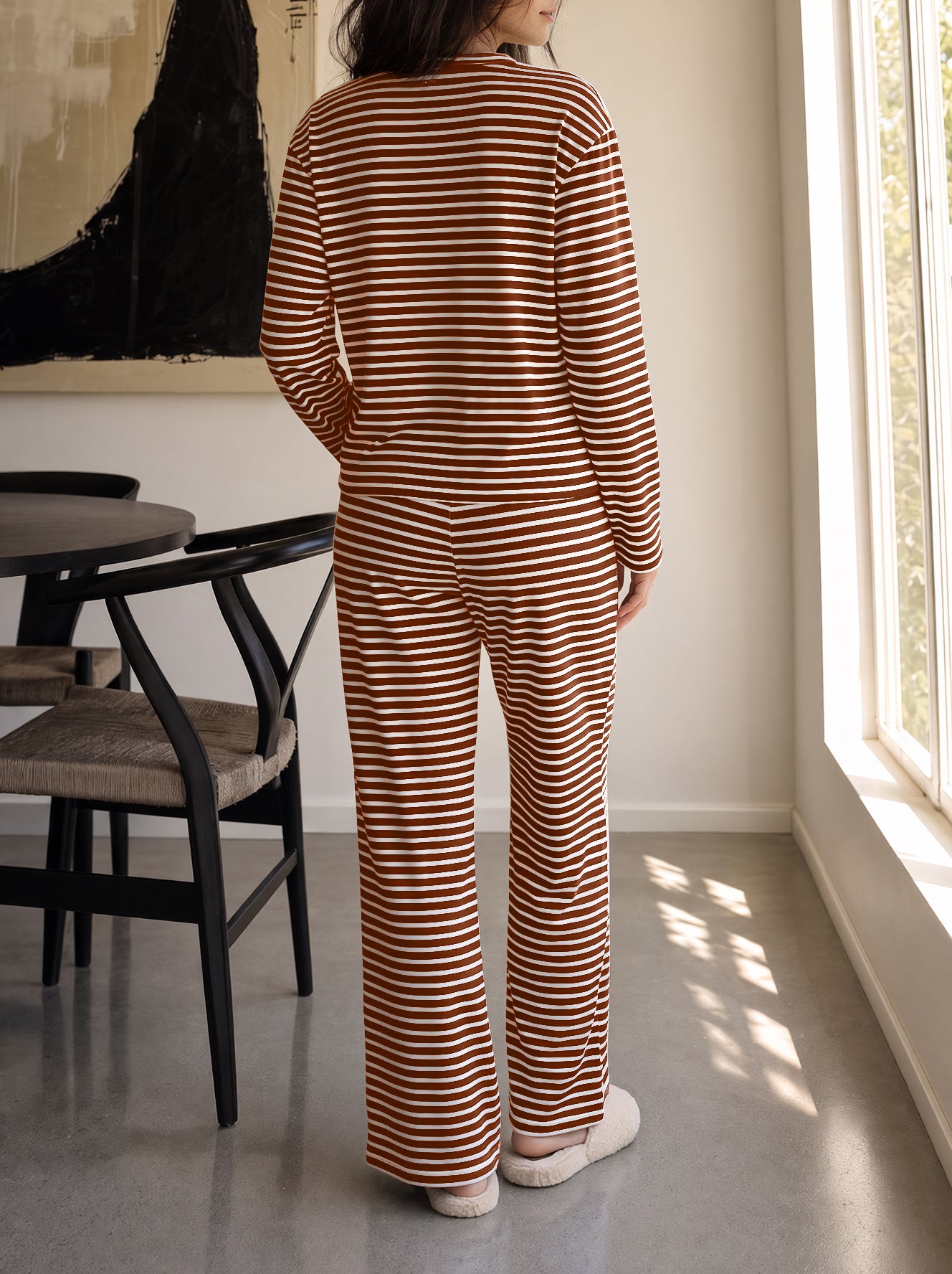 Striped Cardigan With Drawstring Pant Sets - Fisoew