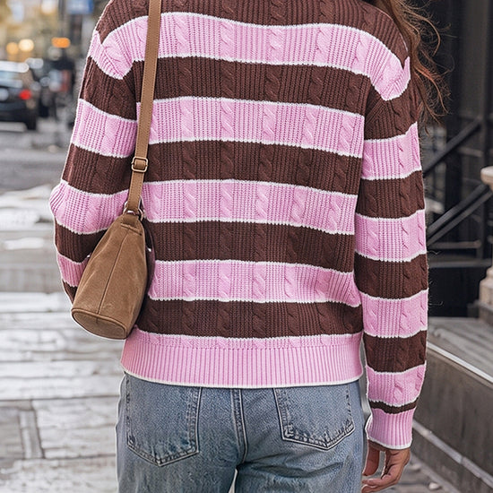 Colorblock Striped Half Button Pullovers - Fisoew