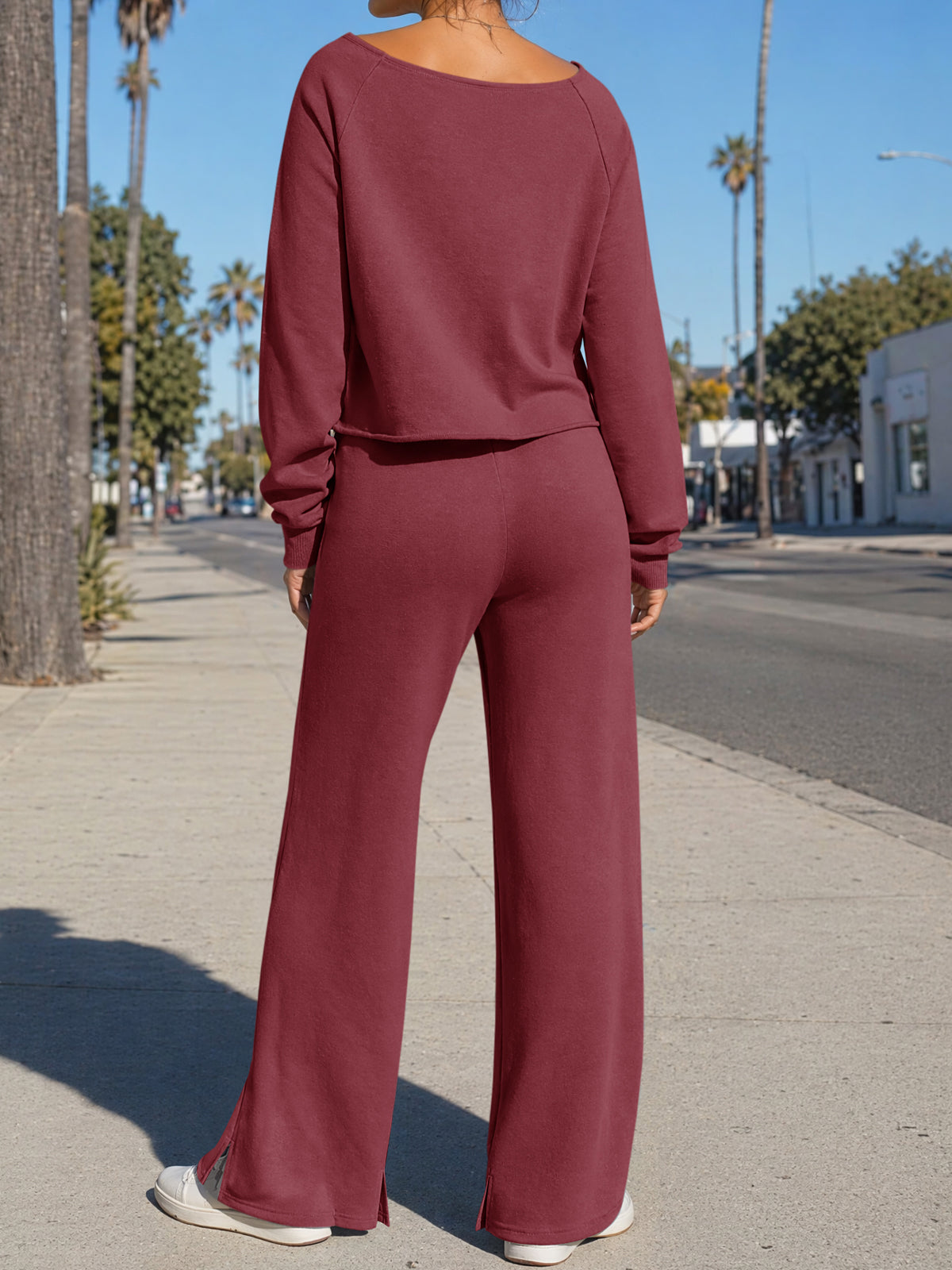 Off-Shoulder Crop Top With Wide-Leg Pants Set - Fisoew