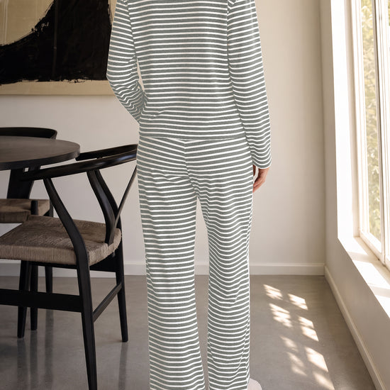 Striped Cardigan With Drawstring Pant Sets - Fisoew