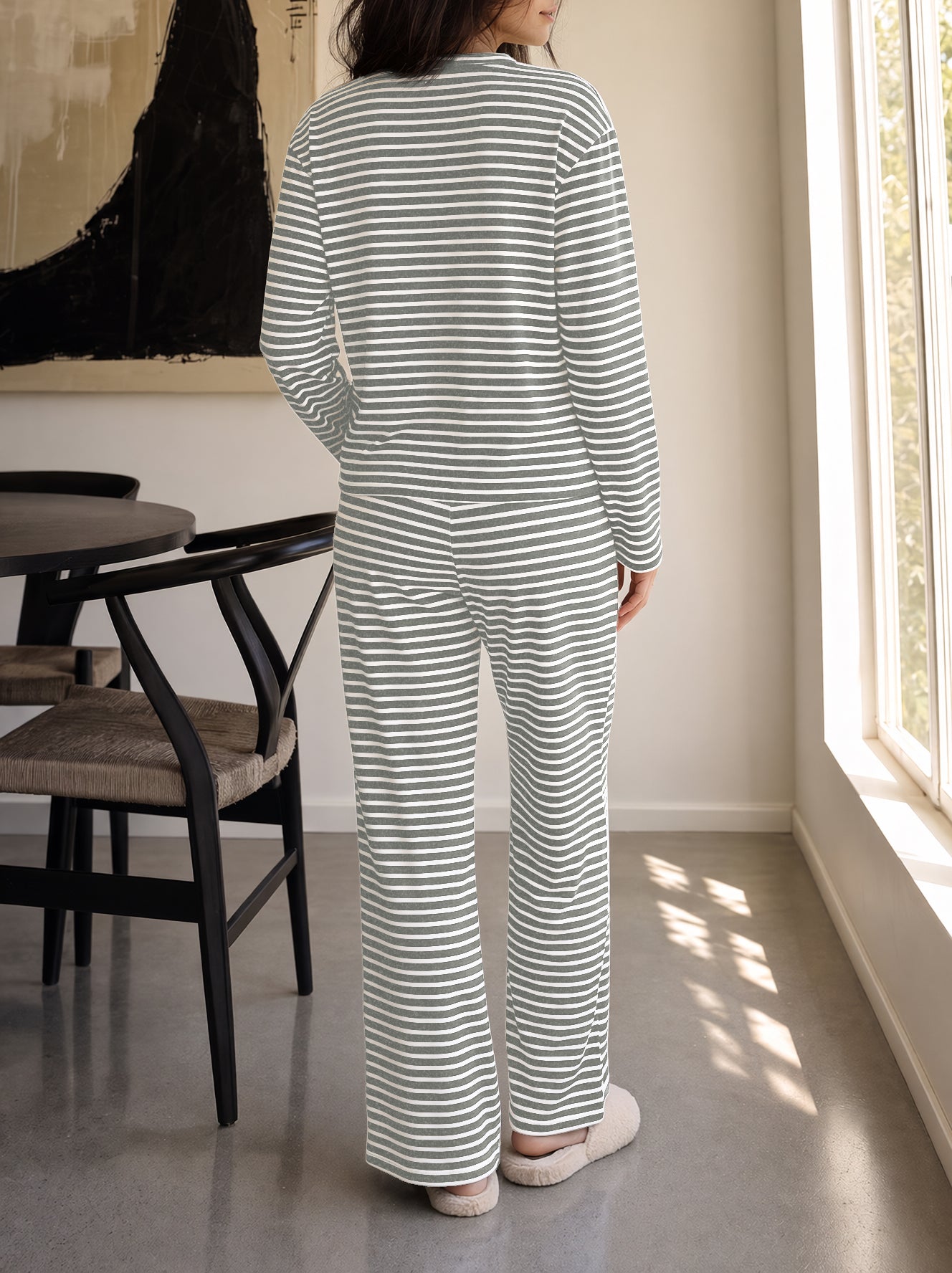 Striped Cardigan With Drawstring Pant Sets - Fisoew