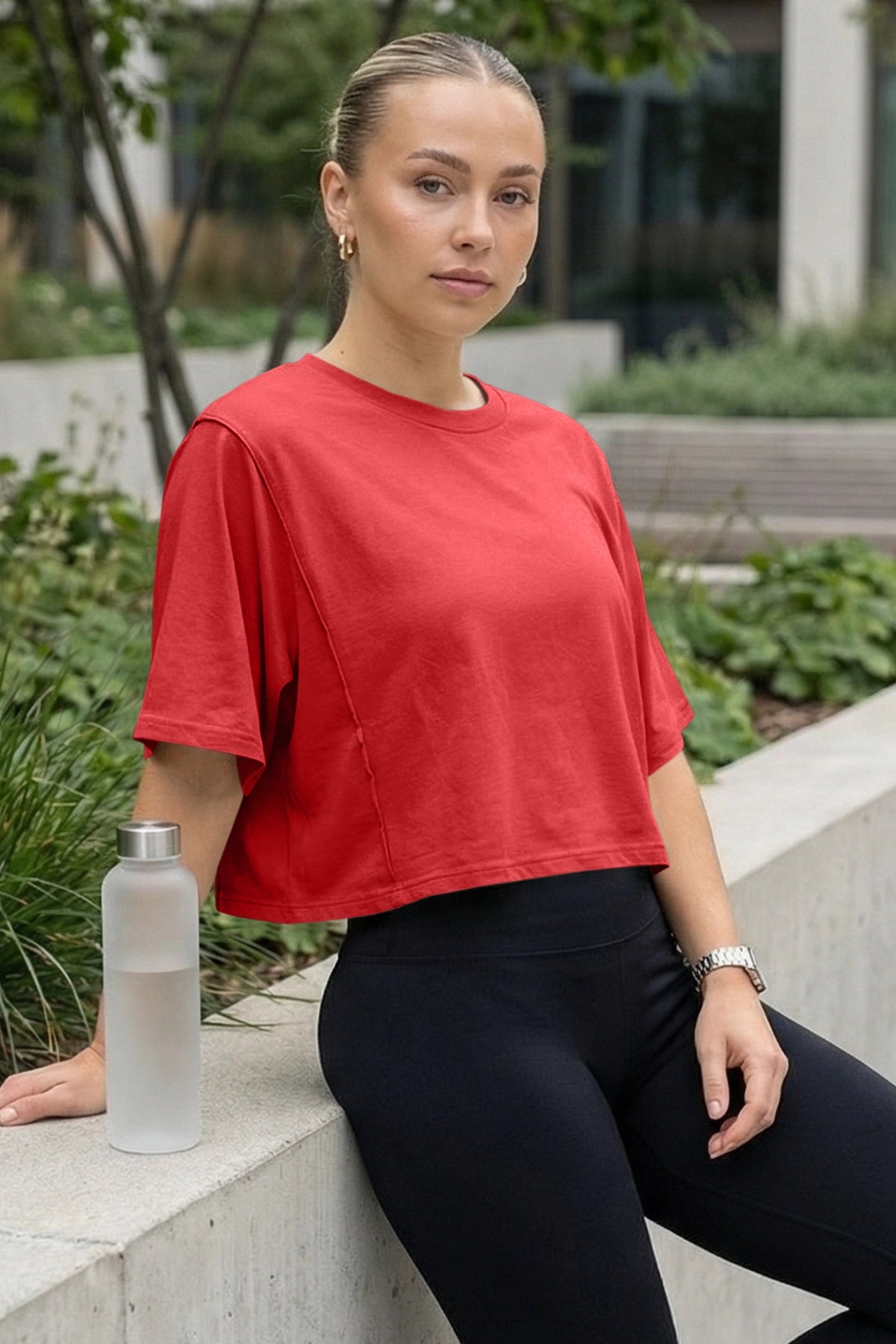 Fisoew Women's Red Oversized Crop Tops Summer T-Shirt - Fisoew