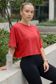 Fisoew Women's Red Oversized Crop Tops Summer T-Shirt - Fisoew