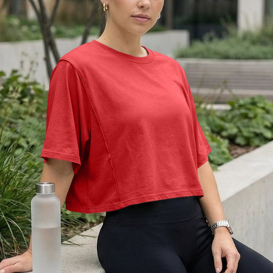 Fisoew Women's Red Oversized Crop Tops Summer T-Shirt - Fisoew