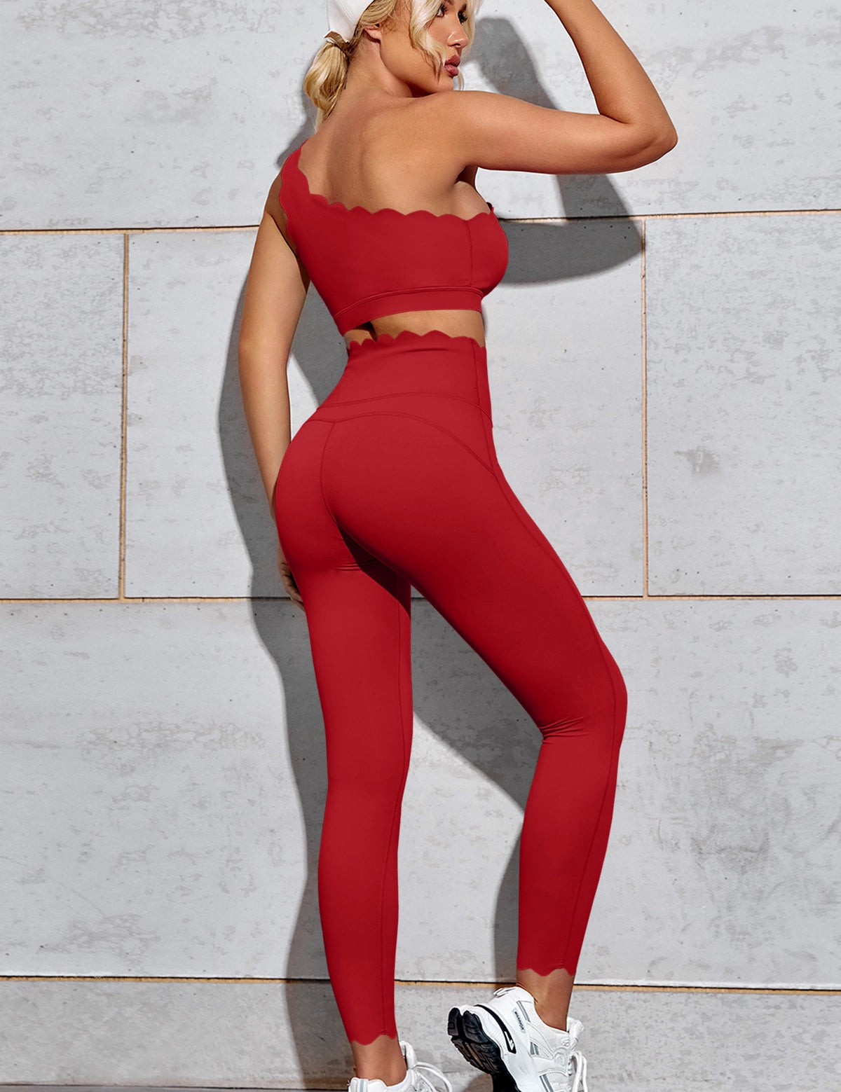 Fisoew Women's Red High Waisted Leggings Workout Sets - Fisoew