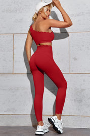 Fisoew Women's Red High Waisted Leggings Workout Sets - Fisoew