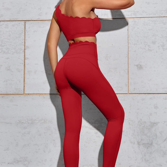 Fisoew Women's Red High Waisted Leggings Workout Sets - Fisoew