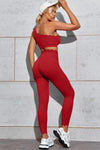 Fisoew Women's Red High Waisted Leggings Workout Sets - Fisoew