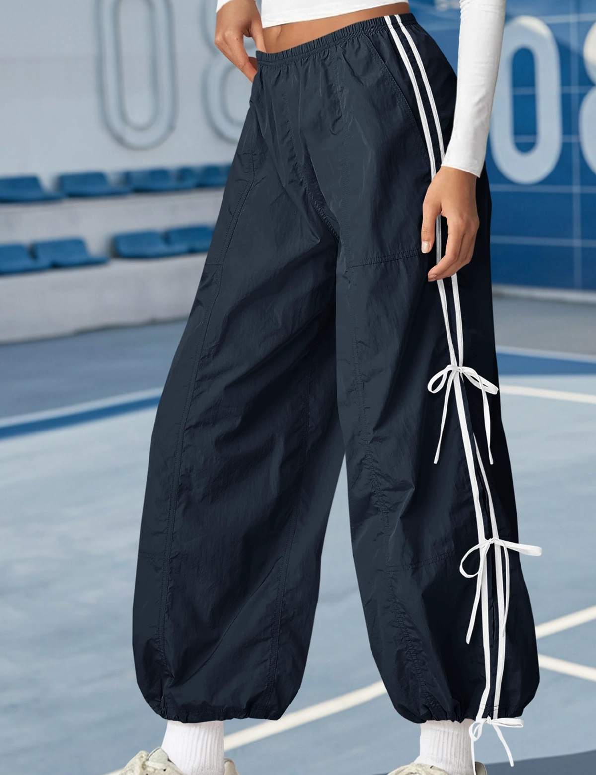 Fisoew Women’s Navy Casual Elastic Wide Leg Track Pants - Fisoew