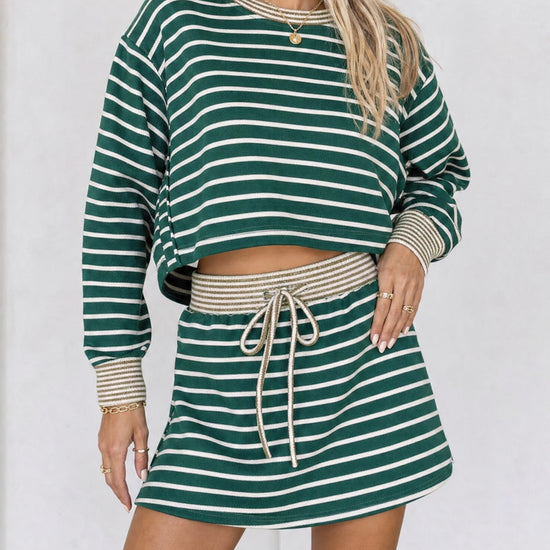Striped Long Sleeve Crop Tops With Skort Sets - Fisoew