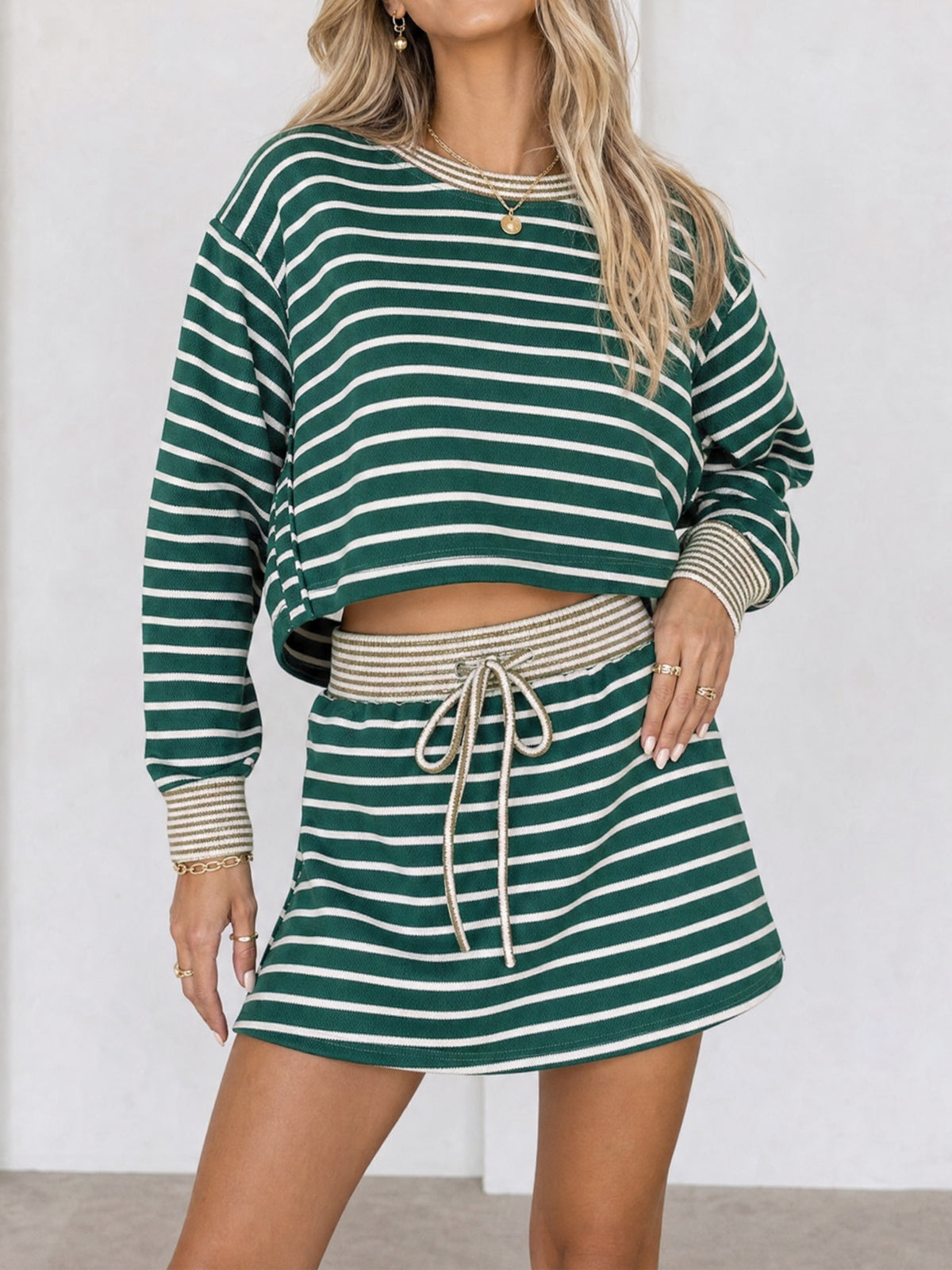 Striped Long Sleeve Crop Tops With Skort Sets - Fisoew