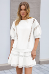 Womens White Lace Trim Puff Sleeve Two Piece Skirt Set Fisoew - Fisoew