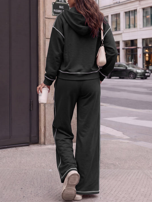 Zip Up Hooded With Wide Leg Pants Outfits Sets - Fisoew