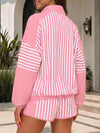Striped Half-Zip Long Sleeve Tops With Short Sets