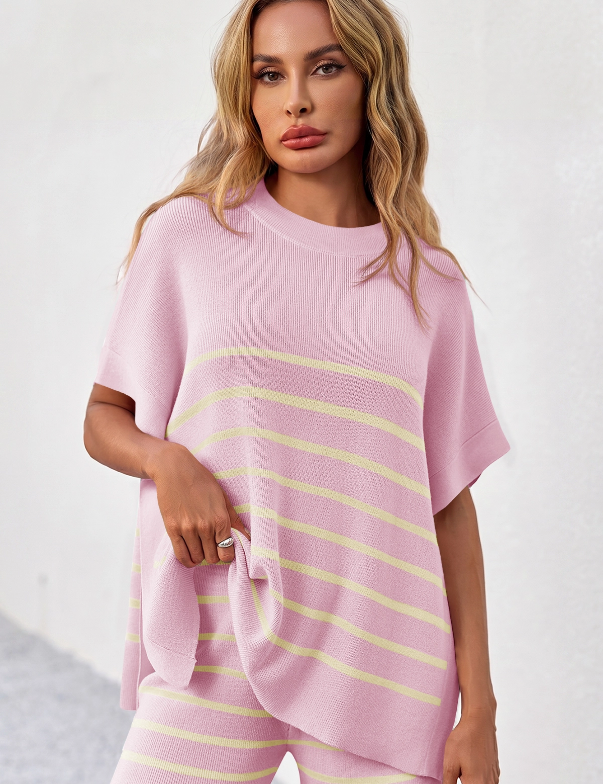 Fisoew Women's Pink Striped Oversized Lounge Short Sets - Fisoew