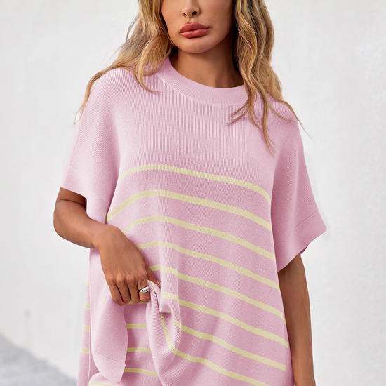 Fisoew Women's Pink Striped Oversized Lounge Short Sets - Fisoew