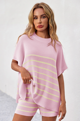 Fisoew Women's Pink Striped Oversized Lounge Short Sets