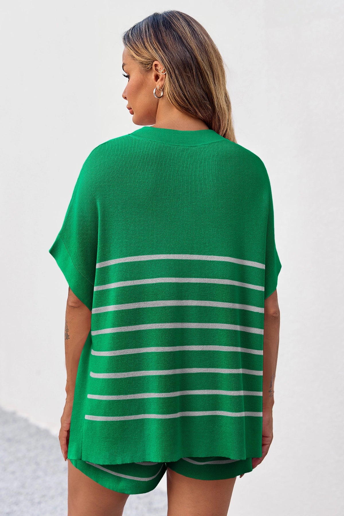 Fisoew Women's Green Striped Oversized Lounge Short Sets - Fisoew