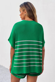 Fisoew Women's Green Striped Oversized Lounge Short Sets - Fisoew