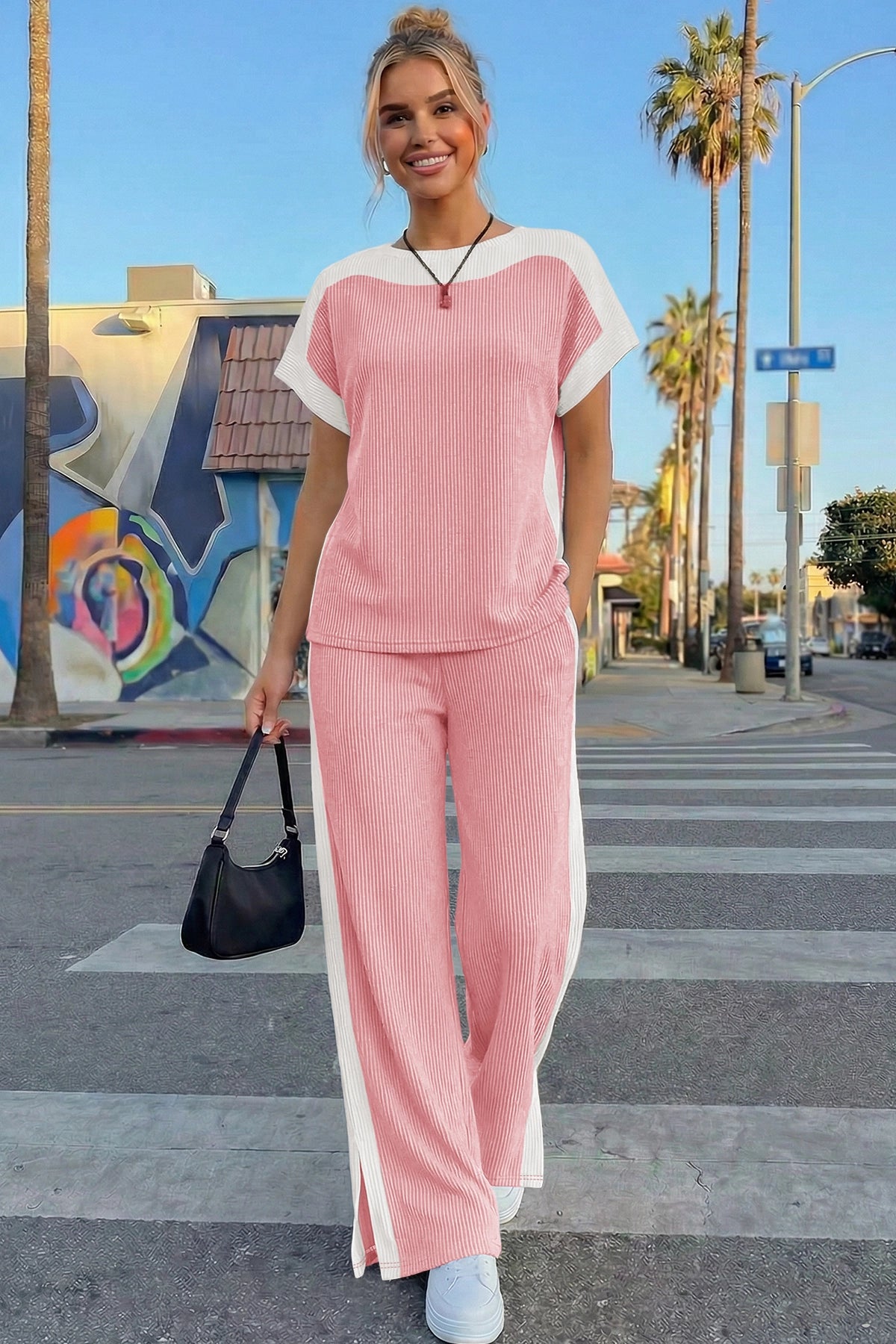Womens Pink Short Sleeve Top & Pants Cozy Set  Fisoew