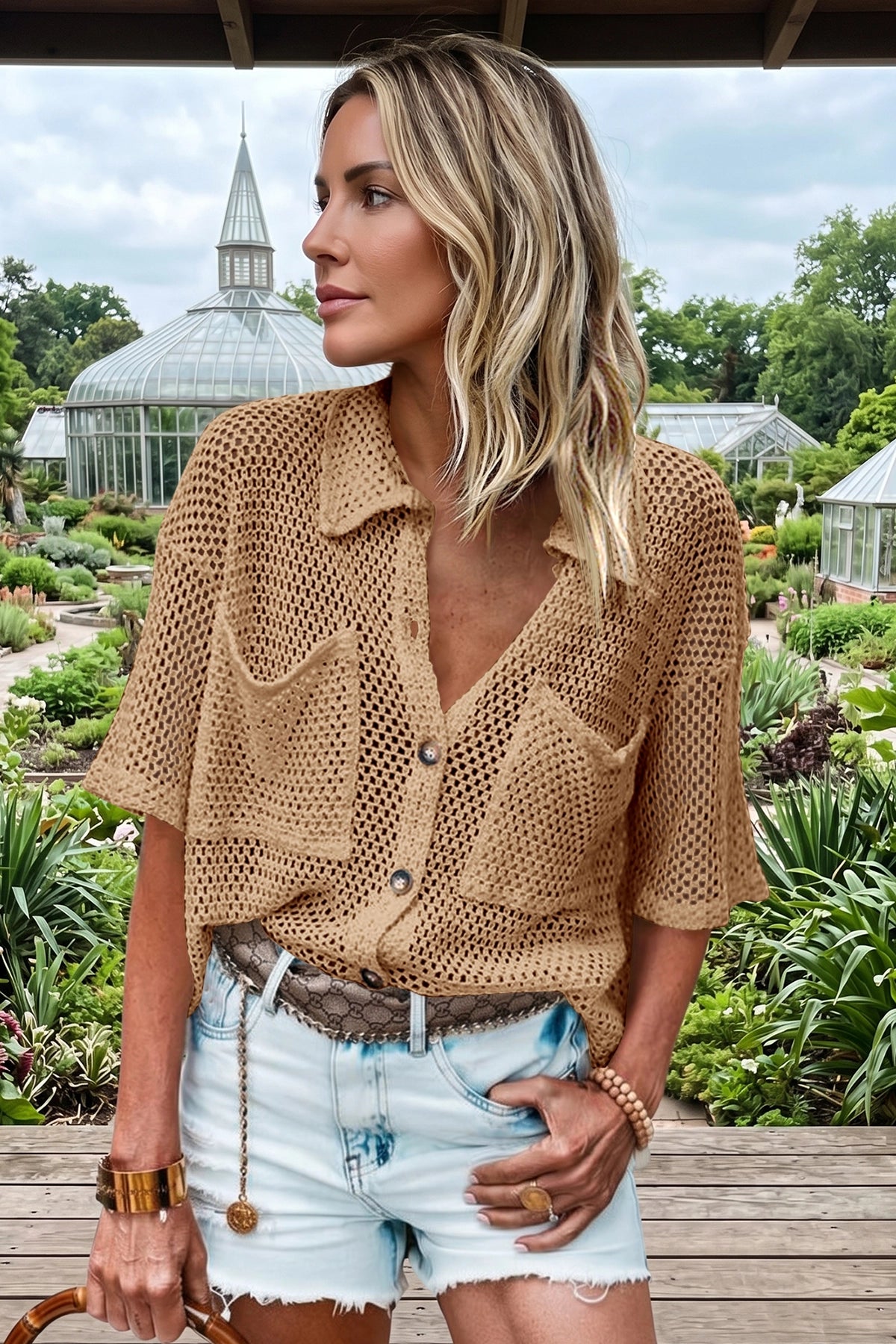 Fisoew Women's Khaki Crochet Lightweight Cardigan Sweaters Cover Up Shirts