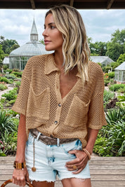 Fisoew Women's Khaki Crochet Lightweight Cardigan Sweaters Cover Up Shirts