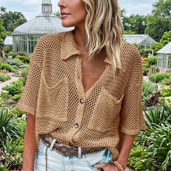 Fisoew Women's Khaki Crochet Lightweight Cardigan Sweaters Cover Up Shirts - Fisoew