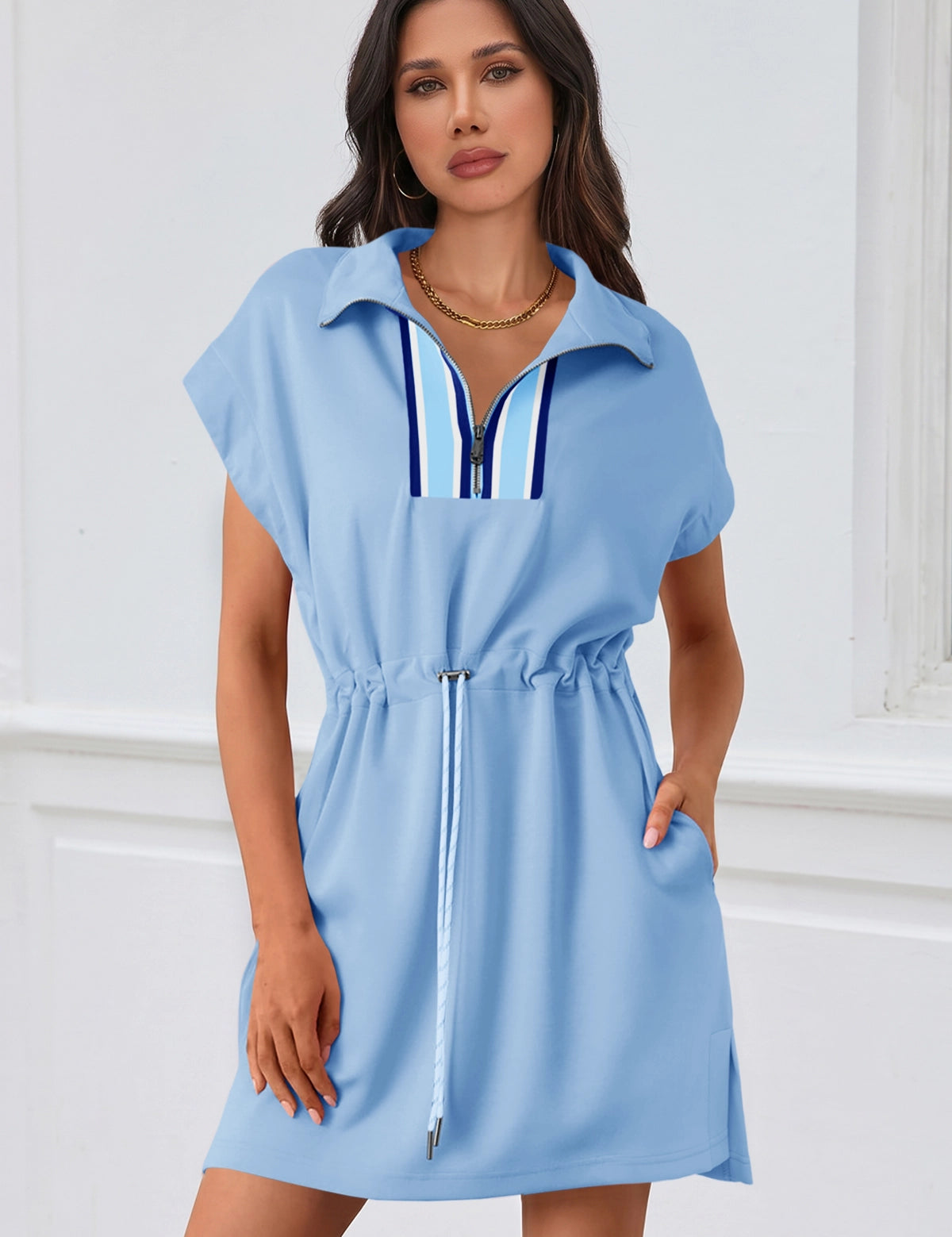 Fisoew Women's Sky Blue Short Sleeve V Neck Casual Mini Dresses - Fisoew