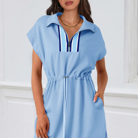 Fisoew Women's Sky Blue Short Sleeve V Neck Casual Mini Dresses - Fisoew