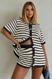 Fisoew Women's Black Crochet Striped Knit Swimsuit 2-Piece Set