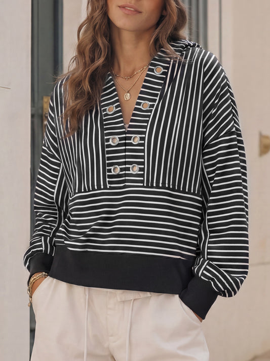 V Neck Striped Cropped Hoodies - Fisoew