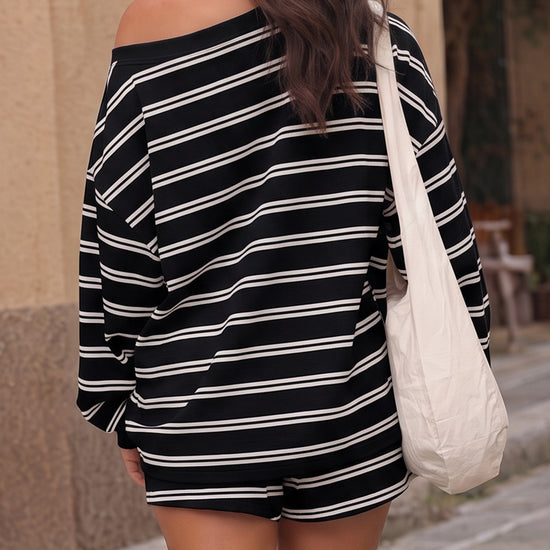 Striped Boat Neck Lounge With Short Sets - Fisoew
