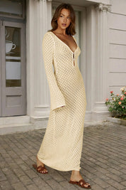 Fisoew Women's Off-white Long Sleeve Sexy Bodycon Summer Knit Dresses - Fisoew