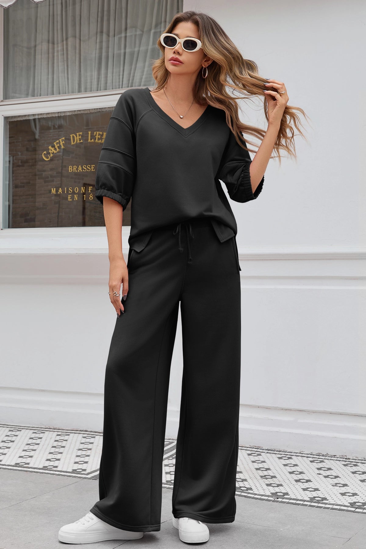 Fisoew Women‘s Black 2 Piece Loose Workout Tracksuit Sets - Fisoew