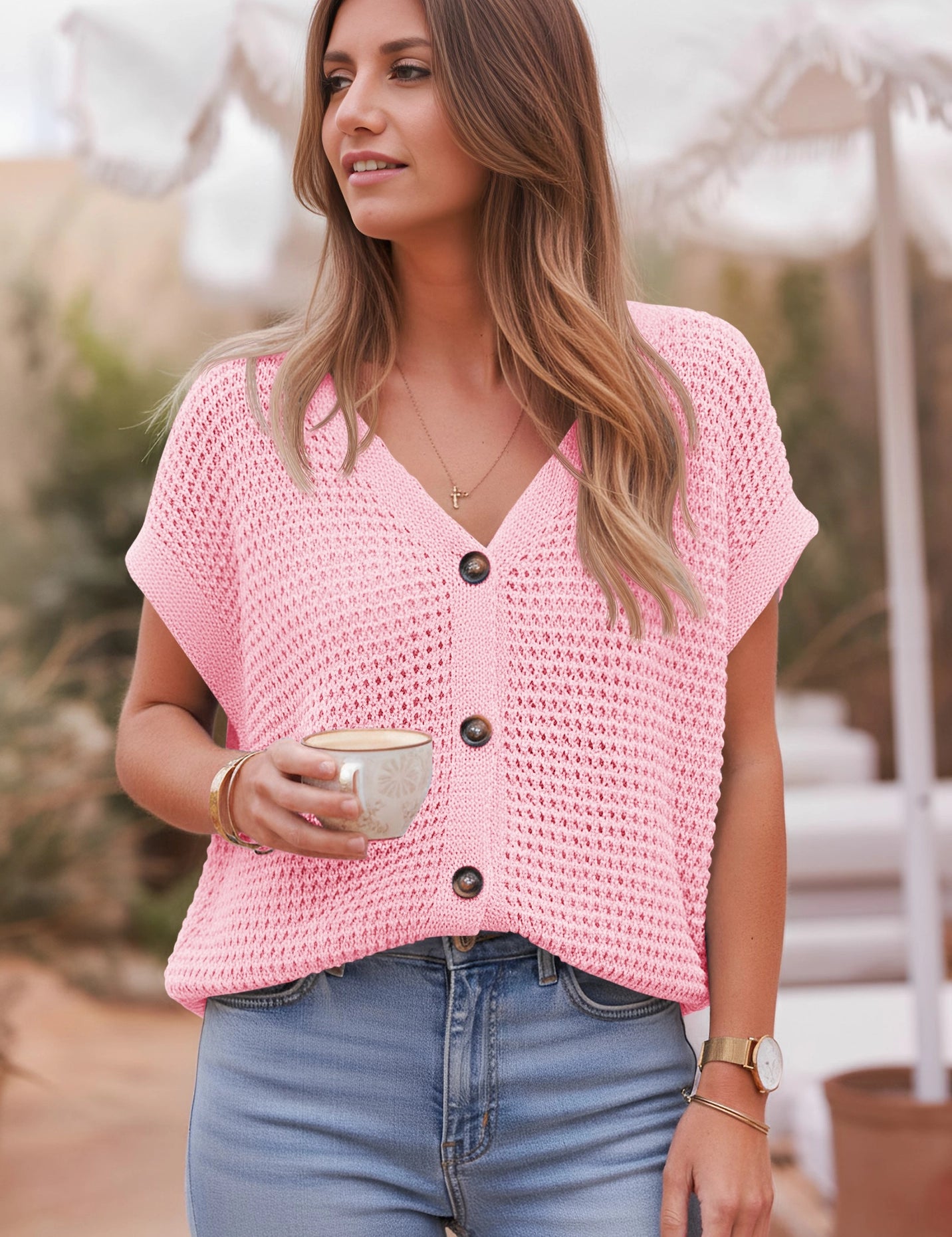 Fisoew Women's Pink Short Sleeve Crochet Cardigans Sweater Cover Ups - Fisoew