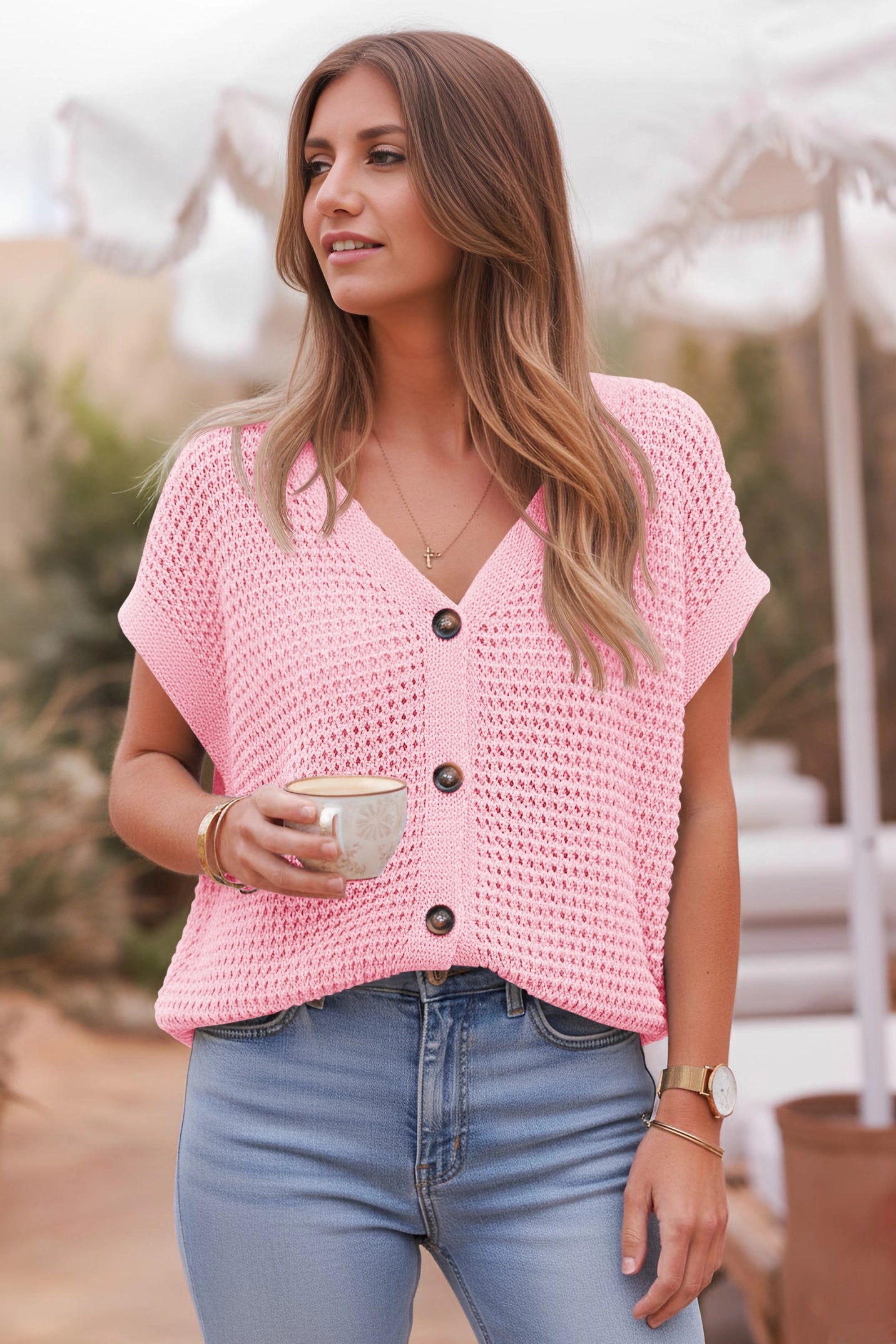 Fisoew Women's Pink Short Sleeve Crochet Cardigans Sweater Cover Ups - Fisoew