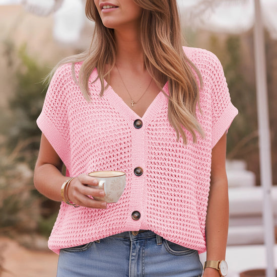 Fisoew Women's Pink Short Sleeve Crochet Cardigans Sweater Cover Ups - Fisoew