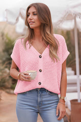 Fisoew Women's Pink Short Sleeve Crochet Cardigans Sweater Cover Ups