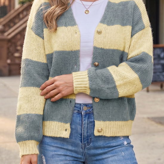 Striped Open Front Button Up Cardigans - Fisoew