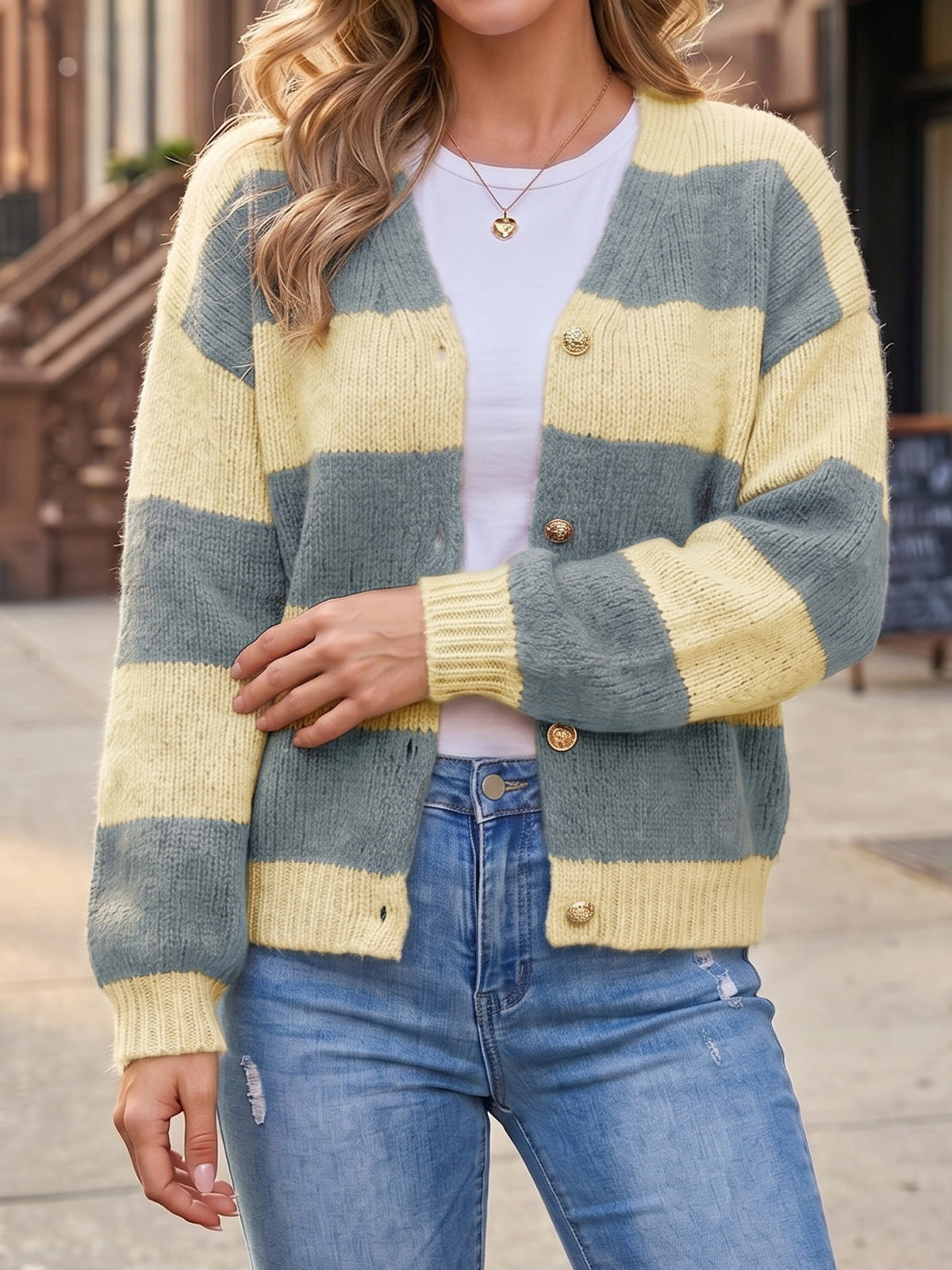 Striped Open Front Button Up Cardigans - Fisoew