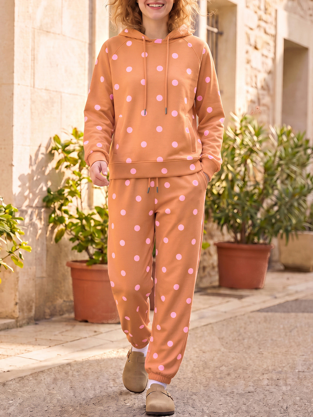 Polka Dot Long Sleeve Hooded With Jogger Pants Sets - Fisoew